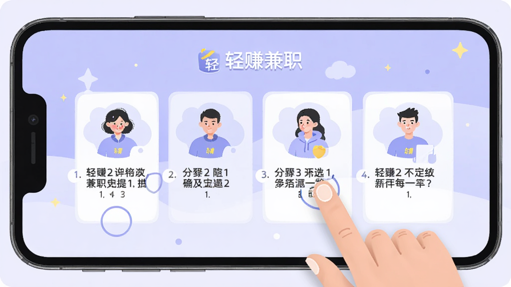 轻赚兼职新手引导界面,手机屏幕显示分步骤图文教程,画面中有手指点击屏幕的示意图,背景为柔和的浅紫色,扁平化插画风格,画面中有轻赚兼职文字,干净整洁,高清画质