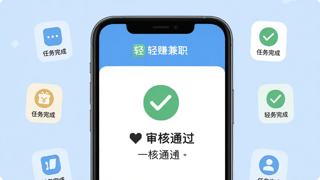 轻赚兼职审核通过界面,手机屏幕显示绿色对勾和审核通过文字,周围有任务完成图标,背景为清爽的浅蓝色,扁平化设计风格,画面中有轻赚兼职标识,干净整洁,高清画质