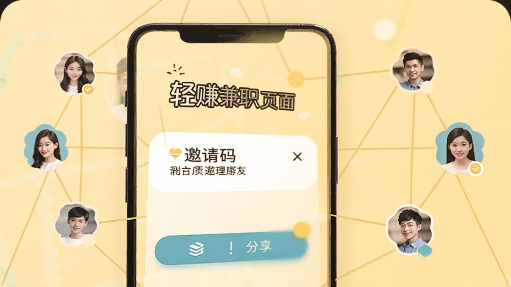 轻赚兼职邀请好友页面,手机屏幕显示邀请码和分享按钮,周围有多个好友头像图标通过线条连接,背景为温暖的浅黄色,扁平化设计风格,画面中有轻赚兼职文字,干净整洁,高清画质