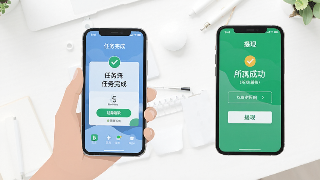 轻赚兼职手机操作步骤示意图,画面中一只手拿着手机,屏幕上显示任务完成和提现成功的界面,背景为简洁的白色桌面,扁平化风格,画面干净整洁,高清画质