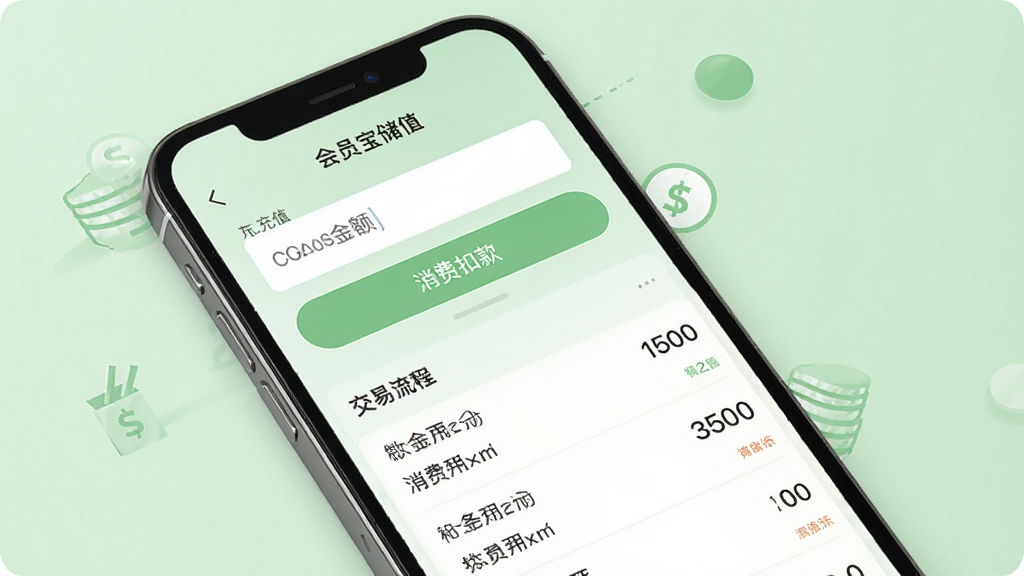 会员宝储值消费记账页面,画面展示一部手机屏幕,界面中有充值金额输入框、消费扣款按钮、交易流水列表,数字清晰可见,背景为浅绿色调,布局简洁,风格清新,细节到位,画质干净,无多余元素