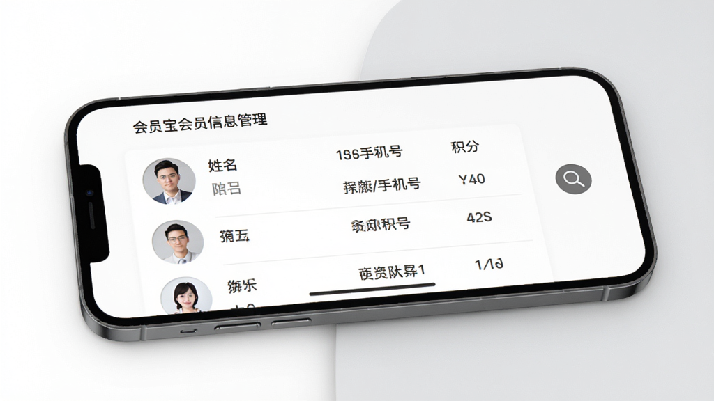 会员宝会员信息管理界面,画面中一部手机横置,屏幕显示会员档案列表,包含头像、姓名、手机号、积分等字段,旁边有搜索放大镜图标,背景为白色与淡灰色搭配,排版整齐,风格商务简约,细节清晰,画质干净,无多余元素