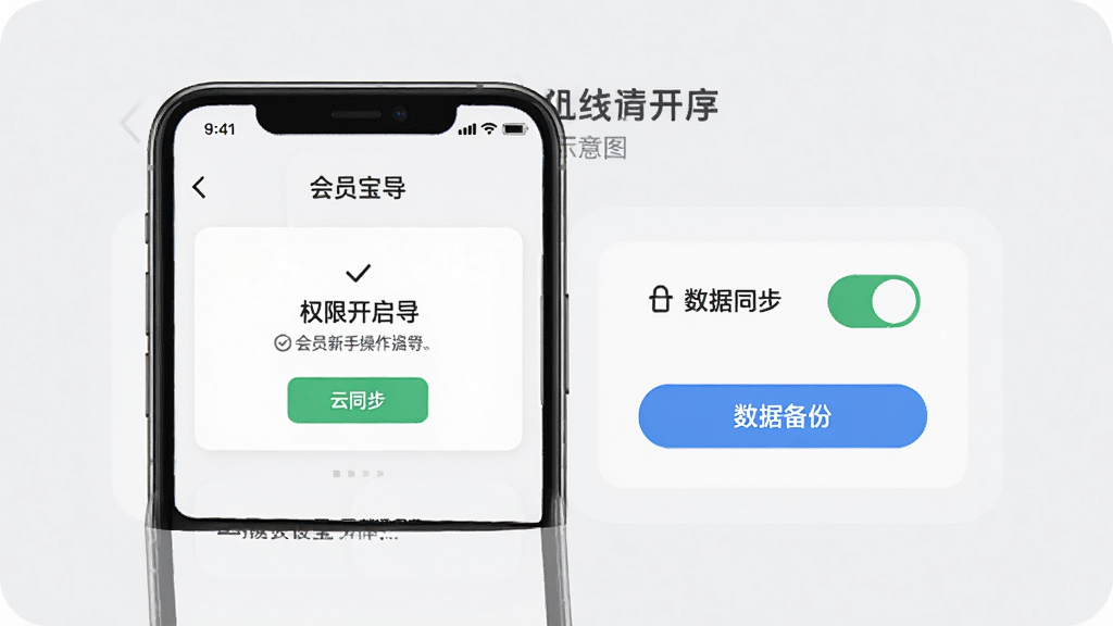 会员宝新手操作指引示意图,画面中一部手机屏幕显示会员宝设置向导页面,包含权限开启提示、云同步开关、数据备份按钮,背景为浅灰色,布局简洁,风格友好,细节清晰,画质干净,无多余元素