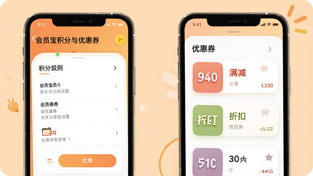 会员宝积分与优惠券管理界面,画面中手机屏幕显示积分规则设置面板和优惠券列表,包含满减券、折扣券图标,背景为淡橙色,排版清晰,风格活泼,细节丰富,画质干净,无多余元素