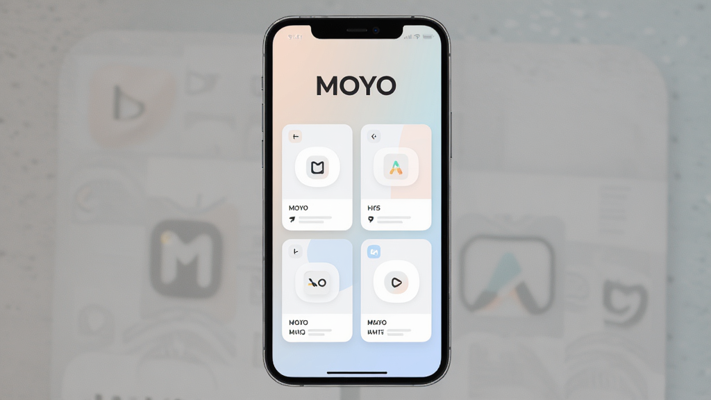一张手机屏幕正面展示 MOYO 应用主界面的图片,画面中央是简洁的卡片式布局,顶部有