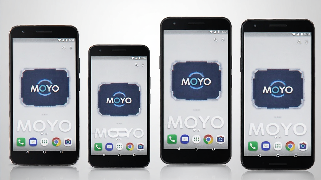 一张展示 MOYO 应用在多台不同尺寸安卓手机上运行的合成图片,画面中有