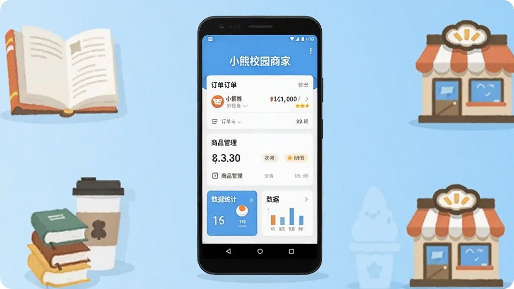 ��������չʾһ����׿�ֻ����ֻ���Ļ��ʾ��С��У԰�̼ҡ�APP����ҳ���棬�������ж����б�����Ʒ����������ͳ�ƿ�Ƭ���ֻ���Χɢ��У԰Ԫ�����鱾�����ȱ���С����ͼ�꣬���ñ�ƽ���廭��񣬱���Ϊǳ��ɫ���䣬���岼�ָɾ����࣬�����������޶���Ԫ��