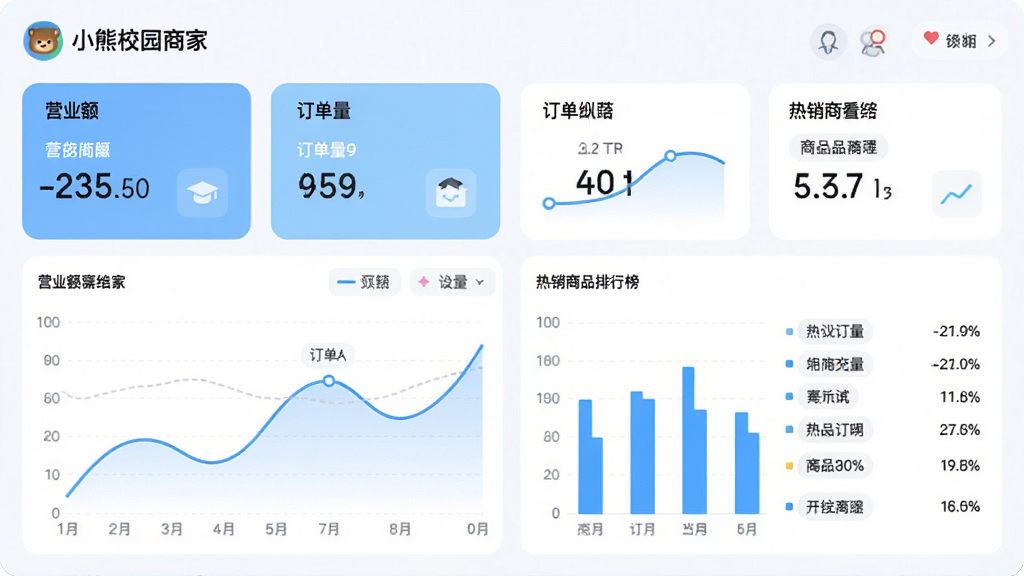 һ��AI���ɵ�ͼƬ����������Ϊ��С��У԰�̼ҡ�APP������ͳ�ƿ��壬����Ϊ�Ϸ����ܿ�Ƭ�·�����ͼ����״ͼ���Ű����������Ϊ�����Լ��ϸ�ڰ���Ӫҵ�����֡����������ߡ�������Ʒ���а񣬱���Ϊ��ɫ�͵���ɫ�����ʸ��壬�ɾ��޶���Ԫ��