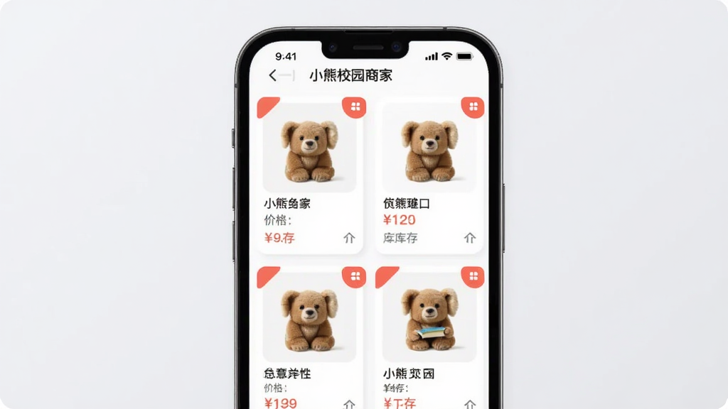 ����չʾ��С��У԰�̼ҡ�APP����Ʒ����ҳ�棬����Ϊ�ֻ���Ļ�ڵ���Ʒ��Ƭ�б���ÿ�ſ�Ƭ������ƷͼƬ�����ơ��۸�Ϳ�����֣�����Ϊ�������񣬷��Ϊ���¼�Լ��ϸ���п��Ԥ���ĺ�ɫС�Ǳ꣬����Ϊ���ǳ��ɫ������������������Ԫ��