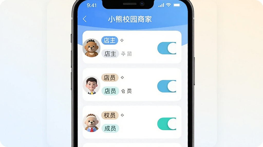 ����չʾ��С��У԰�̼ҡ�APP��Ȩ�޹������棬����Ϊ�ֻ���Ļ�ڵĽ�ɫ�б���Ȩ�޿��أ�����Ϊ���½ṹ�����Ϊ�ִ���Ƭʽ��ƣ�ϸ�ڰ�����������Ա��ǩ�Ͷ�ӦȨ��ͼ�꣬����Ϊǳɫ���䣬�����������޶���Ԫ��