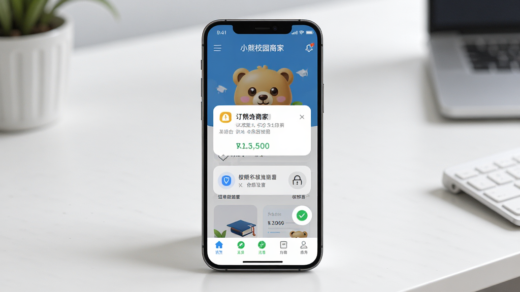 һ��AI���ɵ�ͼƬ����������Ϊ��С��У԰�̼ҡ�APP���ֻ��ϵ����н��棬����Ϊ�ֻ�����չʾ��ҳ�͵ײ������������Ϊдʵ�Ƽ��磬ϸ�ڰ����������ѵ�����Ȩ������ͼ�꣬����Ϊ�ɾ������滷���������������޶���Ԫ��