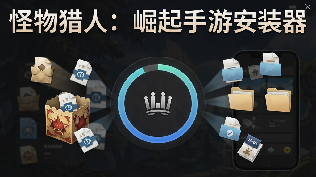 一张展示怪物猎人崛起手游安装器数据包解压界面的图片,画面中央是解压进度环,周围有文件图标从压缩包飞向手机文件夹的动画效果,顶部有