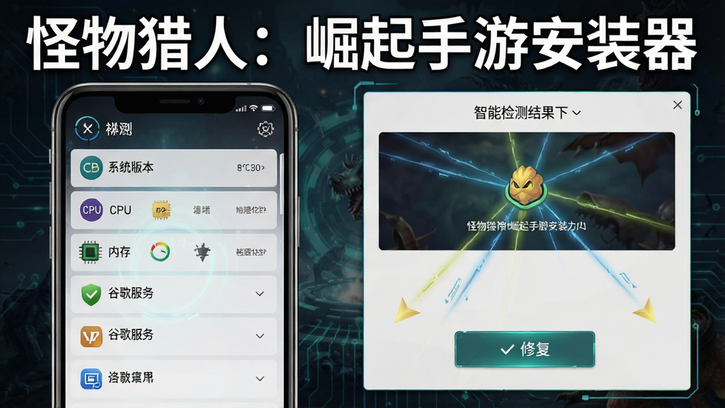 一张展示怪物猎人崛起手游安装器智能检测界面的图片,画面左侧是手机屏幕显示检测项目列表,包括系统版本、CPU、内存、谷歌服务等,右侧是检测结果与修复按钮,屏幕上方有