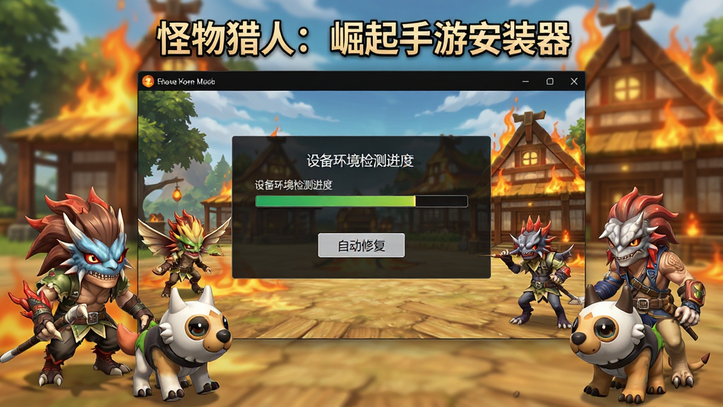 一张展示怪物猎人崛起手游安装器界面的图片,画面中央是安装器主界面,顶部有
