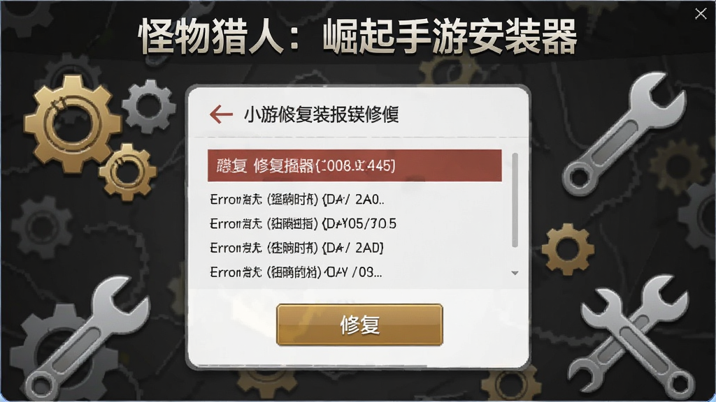 一张展示怪物猎人崛起手游安装器报错修复界面的图片,画面中央是错误代码列表与修复按钮,背景有齿轮和扳手工具图标,顶部有