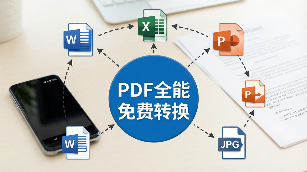一幅展示文档格式转换流程的示意图,画面中央放置一个带有“PDF全能免费转换”字样的蓝色圆形图标,图标周围环绕着Word、Excel、PPT、JPG等文件格式图标,图标之间用带有箭头的虚线连接,背景为浅色办公桌面场景,桌上有一部安卓手机和一份纸质文档,风格简洁商务,光线明亮,画质高清,画面干净无多余装饰