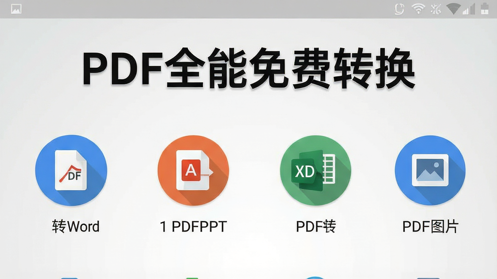 一张干净简洁的安卓手机屏幕截图,屏幕中央显示“PDF全能免费转换”应用主界面,界面顶部有醒目的应用名称“PDF全能免费转换”文字,下方整齐排列着PDF转Word、PDF转PPT、PDF转Excel、PDF转图片等圆形功能图标,整体采用扁平化设计风格,主色调为蓝白相间,背景为浅灰色渐变,画质清晰,界面元素布局疏朗,无多余广告元素,整体呈现专业工具类应用质感