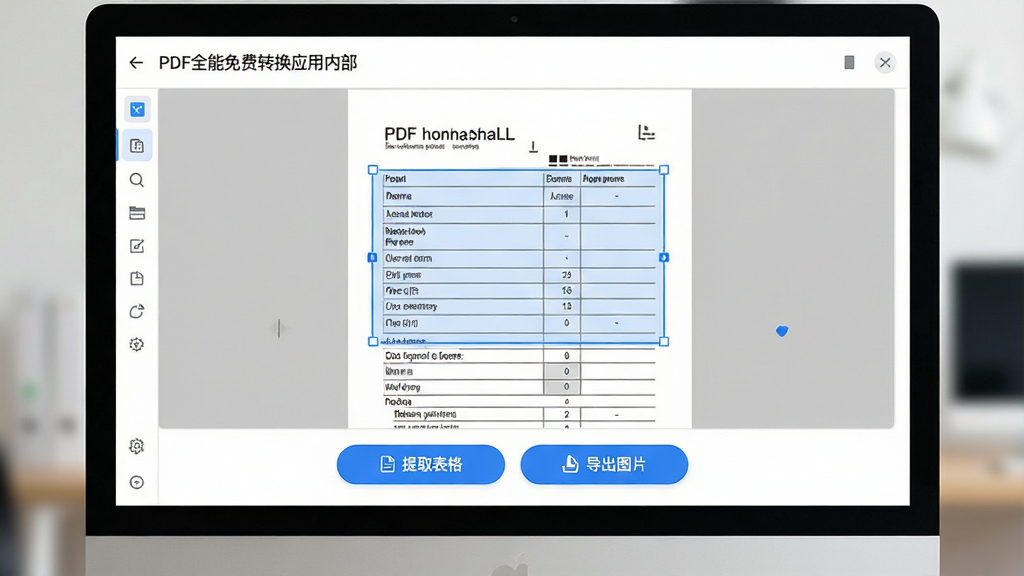 一张展示PDF全能免费转换应用内部操作界面的图片,屏幕上显示一份带有表格的PDF文档正在被识别,表格区域被高亮框选,下方出现“提取表格”“导出图片”等操作按钮,界面背景为白色,按钮为蓝色圆角矩形,整体风格清爽直观,画质清晰,细节丰富,无杂乱元素
