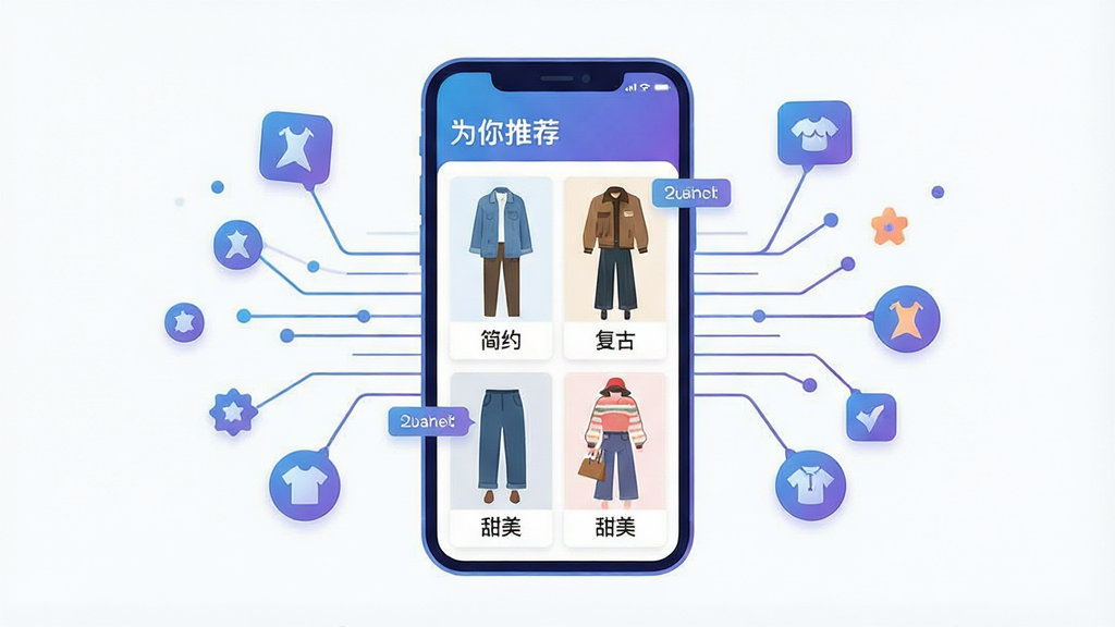 一张表现桃象个性化推荐功能的示意图。画面中心是一部手机,屏幕上显示“为你推荐”页面,页面中展示了几套不同风格的穿搭方案,每套方案旁边有风格标签如“简约”“复古”“甜美”。手机周围有抽象的数据线条和风格图标环绕,象征智能算法在分析用户偏好。风格为科技感扁平插画,色调以蓝色和紫色渐变为主,细节包括数据节点、风格图标、推荐标签。画质清晰,干净,无多余元素。