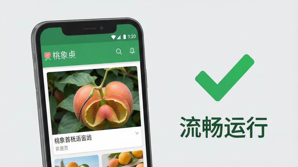 一张展示桃象应用在手机上运行流畅的示意图。画面主体为一部安卓手机,屏幕上显示桃象首页内容正常加载,图片清晰,界面无卡顿。手机旁边有一个绿色的对勾图标和“流畅运行”字样,背景为浅灰色。风格为简洁科技插画,色调以绿色和灰色为主,细节包括手机边框、界面元素、对勾图标。画质清晰,干净,无多余元素。