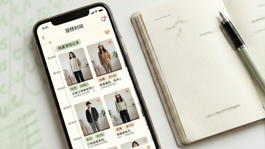 一张展示桃象穿搭记录功能的界面图。画面主体为手机屏幕,屏幕上显示个人主页的穿搭时间线,按日期排列着多套穿搭照片,每套照片下方有标签和简短描述。手机旁边有一本打开的笔记本和一支笔,象征记录与整理。风格为清新手账风格,色调以米白色和浅绿色为主,细节包括时间线节点、标签色块、收藏图标。画质清晰,干净,无多余元素。