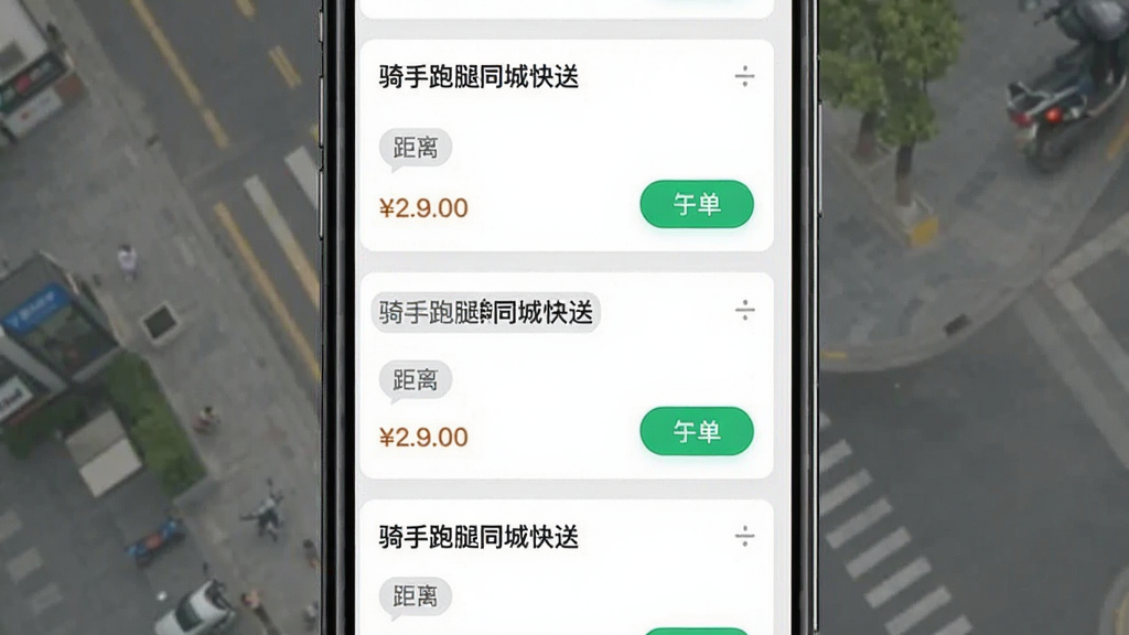 一张展示骑手跑腿同城快送APP智能抢单功能的界面截图,画面主体为手机屏幕,屏幕内显示多个订单卡片,卡片上标注“骑手跑腿同城快送”名称,布局为纵向列表,排版整齐,风格为现代简约,细节包括距离标签、价格标签、抢单按钮,画质清晰,干净,无多余元素