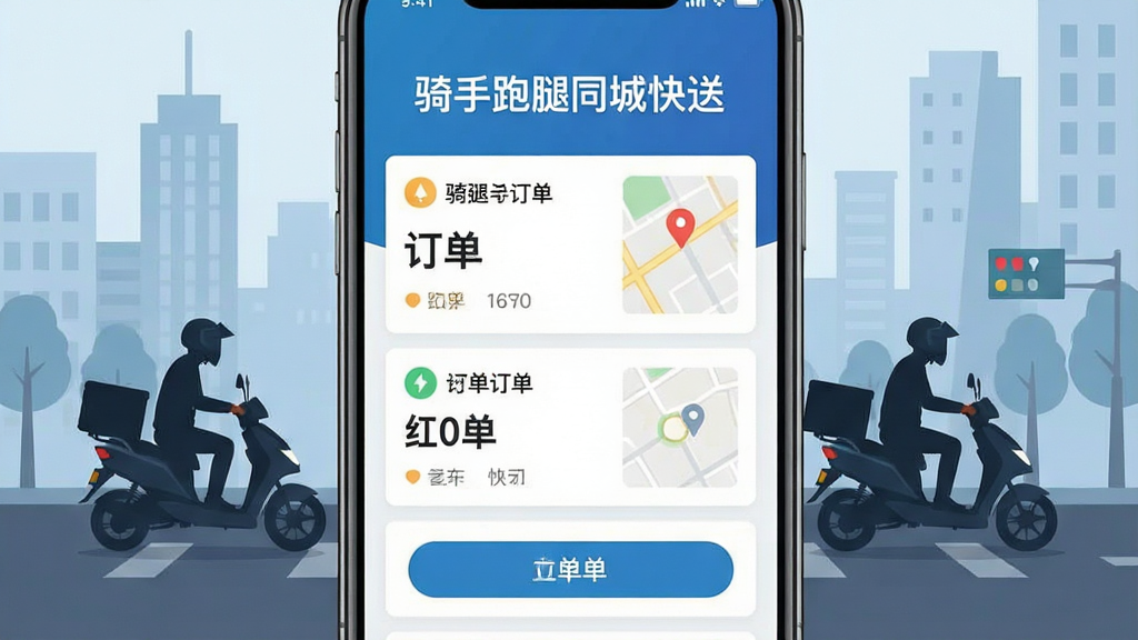一张手机屏幕展示骑手跑腿同城快送APP的接单界面,画面中央是醒目的订单列表,上方显示“骑手跑腿同城快送”字样,背景为城市街道与电动车骑手剪影,布局简洁明了,排版采用上下结构,风格为扁平化科技感,细节包括订单卡片、地图缩略图、抢单按钮,画质清晰,干净,无多余元素