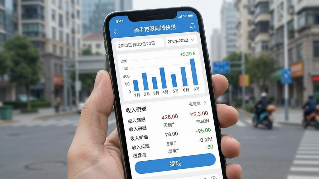 一张展示骑手跑腿同城快送APP收益统计页面的图片,画面主体为手机屏幕,屏幕内显示柱状图和收入数字,顶部标注“骑手跑腿同城快送”字样,布局为上下结构,排版清晰,风格为清新商务,细节包括日期筛选栏、收入明细列表、提现按钮,画质清晰,干净,无多余元素