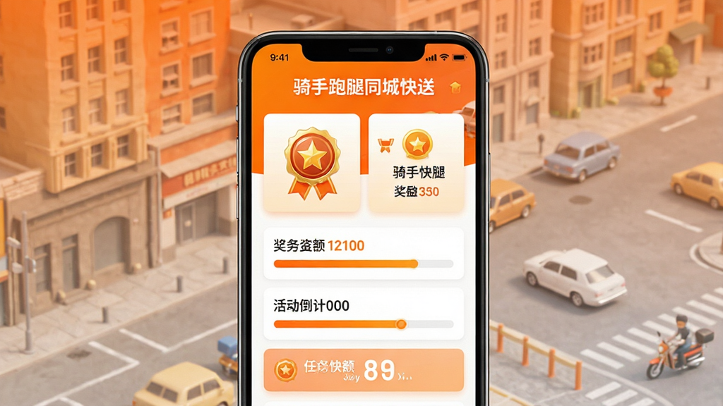 一张展示骑手跑腿同城快送APP骑手成长体系的界面图,画面主体为手机屏幕,屏幕内显示等级徽章和任务进度条,顶部标注“骑手跑腿同城快送”名称,布局为卡片式排列,排版生动,风格为活力橙色系,细节包括勋章图标、奖励金额、活动倒计时,画质清晰,干净,无多余元素