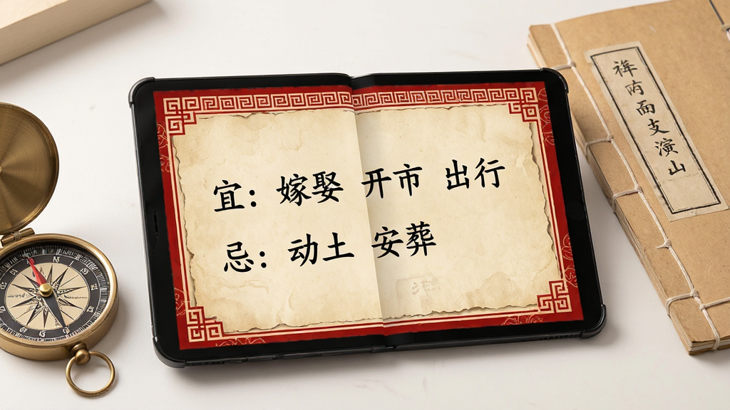 画面主体为一本展开的电子黄历界面,屏幕中央显示“宜:嫁娶 开市 出行”与“忌:动土 安葬”两列文字,文字为黑色楷体,背景为米黄色仿古纸张。界面四周有红色边框与回纹装饰。手机旁放置一个罗盘与一本线装古籍。风格为数字界面与国风元素融合,构图居中,光线柔和,画质干净,无多余元素。