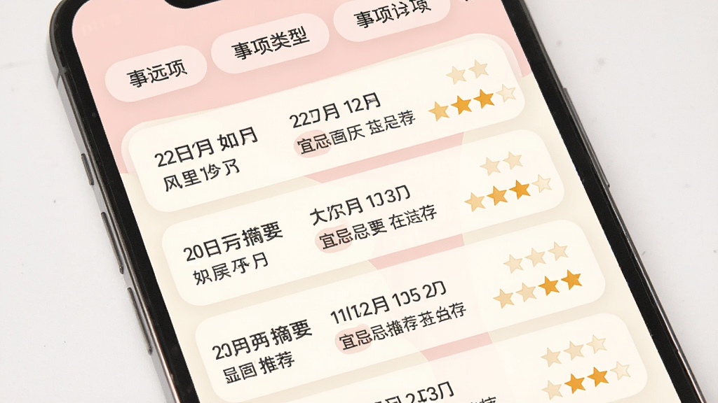 手机界面显示吉日查询结果列表,每条结果包含日期、农历、宜忌摘要与星级推荐,列表顶部有事项类型筛选标签。背景为淡粉色与米白色搭配,列表项以卡片形式呈现,圆角设计。风格为清新简约的移动端UI展示,排版整齐,画质干净,无多余元素。