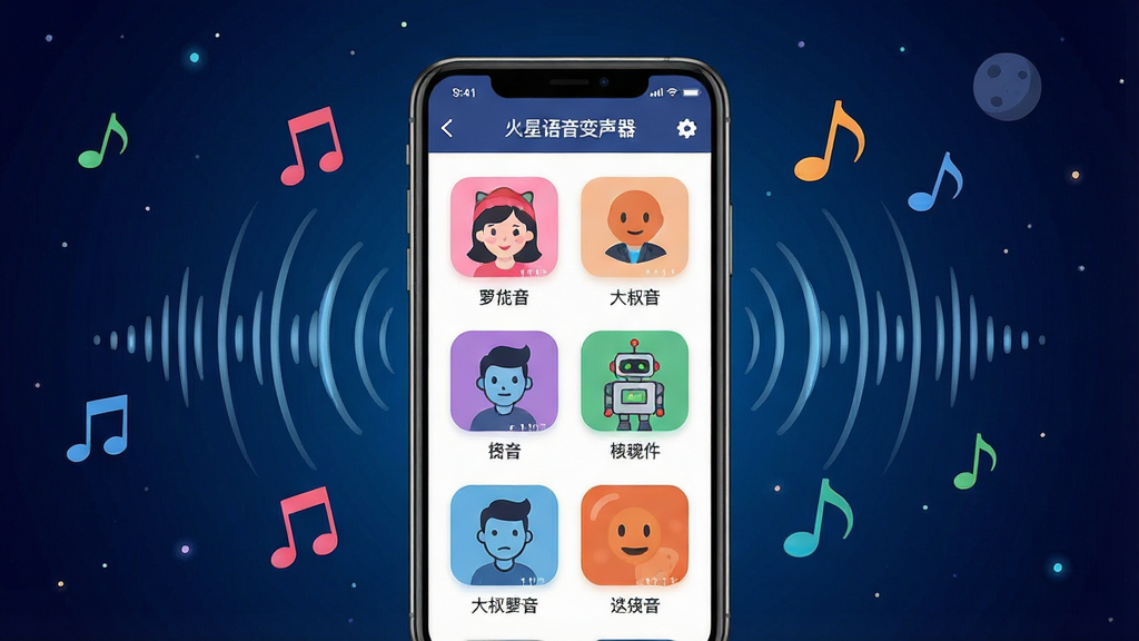 一张展示火星语音变声器核心功能的宣传图,画面中央是智能手机屏幕,屏幕上显示火星语音变声器的主界面,界面中有多种音色图标如萝莉音、大叔音、机器人音等,手机周围环绕着声波波纹和彩色音符元素,背景为深空蓝色渐变,风格为科技感扁平化插画,细节丰富,画质高清,干净无多余元素