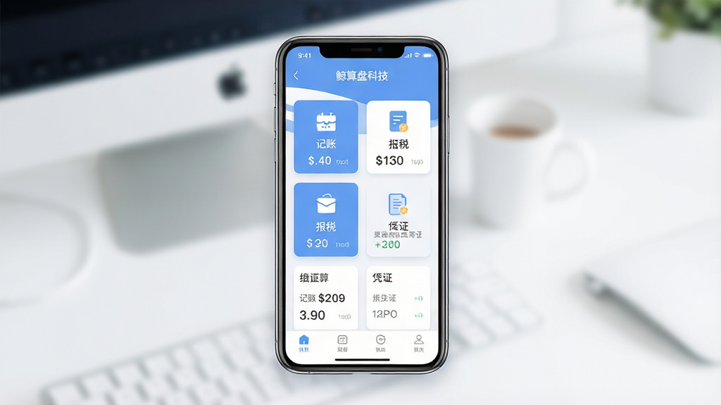 一张展示鲸算盘科技手机应用主界面的场景图,画面中央是智能手机,屏幕显示清爽的财税管理仪表盘,包含记账、报税、凭证等模块图标,主体位于画面中心,布局为竖版手机展示,排版简洁有序,风格为现代商务扁平化设计,细节包括柔和的蓝白配色、清晰的数字卡片、轻盈的阴影效果,画质高清干净,无多余元素,画面中文字标注“鲸算盘科技”