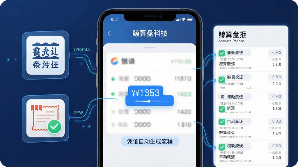 一张展示智能记账自动化功能的场景图,画面主体为手机屏幕特写,屏幕显示凭证自动生成流程,左侧为银行流水与发票图标,右侧为整齐的会计凭证列表,布局为左右对比式排版,风格为科技感商务插画,细节包括数据流动线条、自动勾选标记、蓝色高亮提示,画质清晰干净,画面中文字标注“鲸算盘科技”