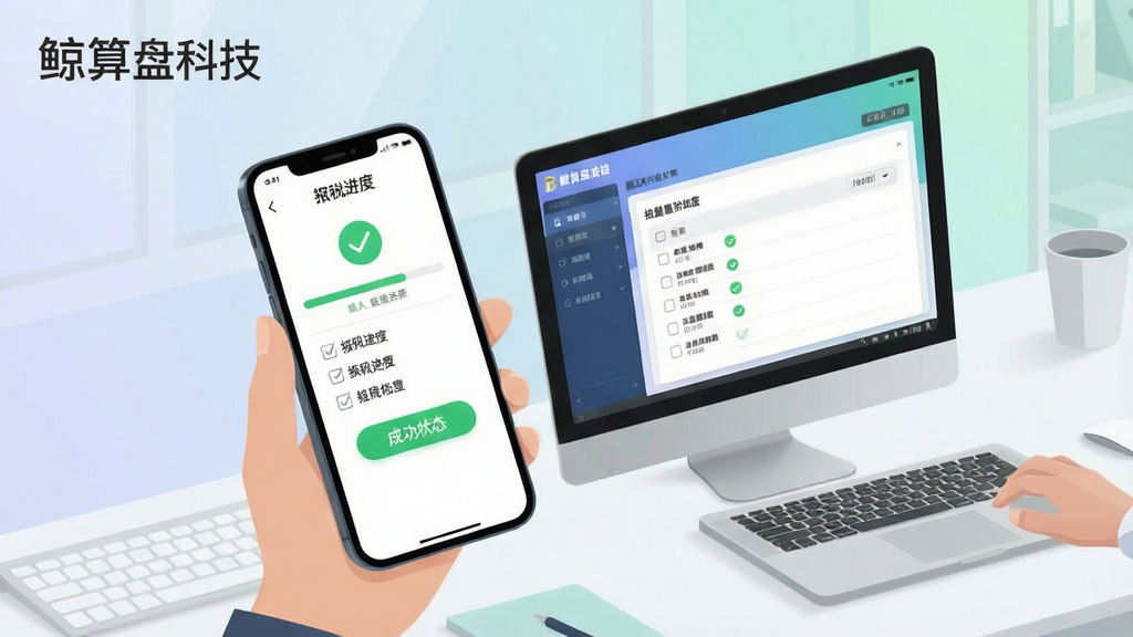 一张展示一键批量报税功能的场景图,画面主体为手机与电脑协同操作场景,手机屏幕显示报税进度条与成功状态,背景为简洁的办公桌面,布局为对角线构图,风格为现代扁平化商务风,细节包括绿色通过标识、批量勾选列表、柔和渐变背景,画质高清干净,无杂乱元素,画面中文字标注“鲸算盘科技”