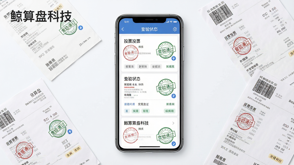 一张展示发票管理一体化功能的场景图,画面主体为手机屏幕显示发票列表与查验状态,周围散落少量纸质发票作为装饰,布局为中心聚焦式排版,风格为清爽商务风,细节包括发票缩略图、查验通过印章、分类标签,画质高清干净,无多余元素,画面中文字标注“鲸算盘科技”