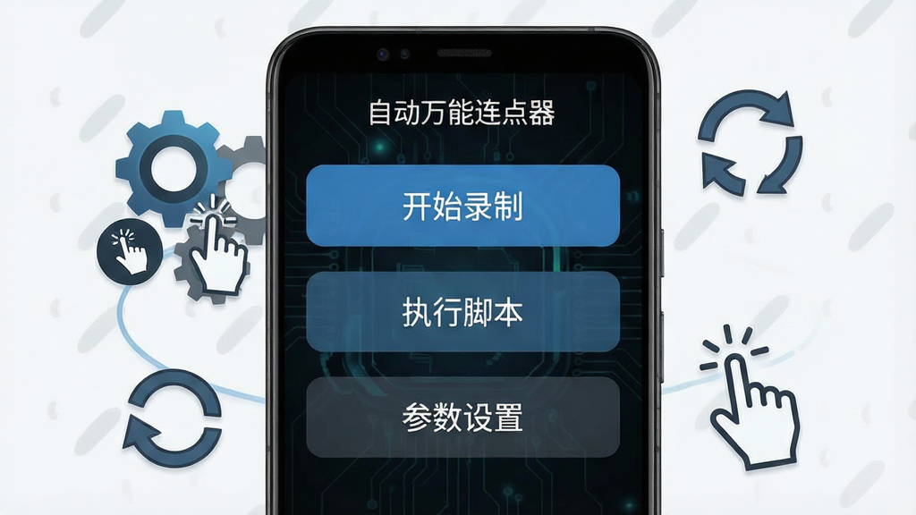 一张展示安卓手机屏幕的图片,手机屏幕中央显示“自动万能连点器”软件主界面,界面布局简洁,上方有“开始录制”“执行脚本”“参数设置”三个大按钮,屏幕背景为深色科技风,手机周围环绕着齿轮、点击手指图标、循环箭头等元素,整体风格干净清爽,画质清晰,无多余元素