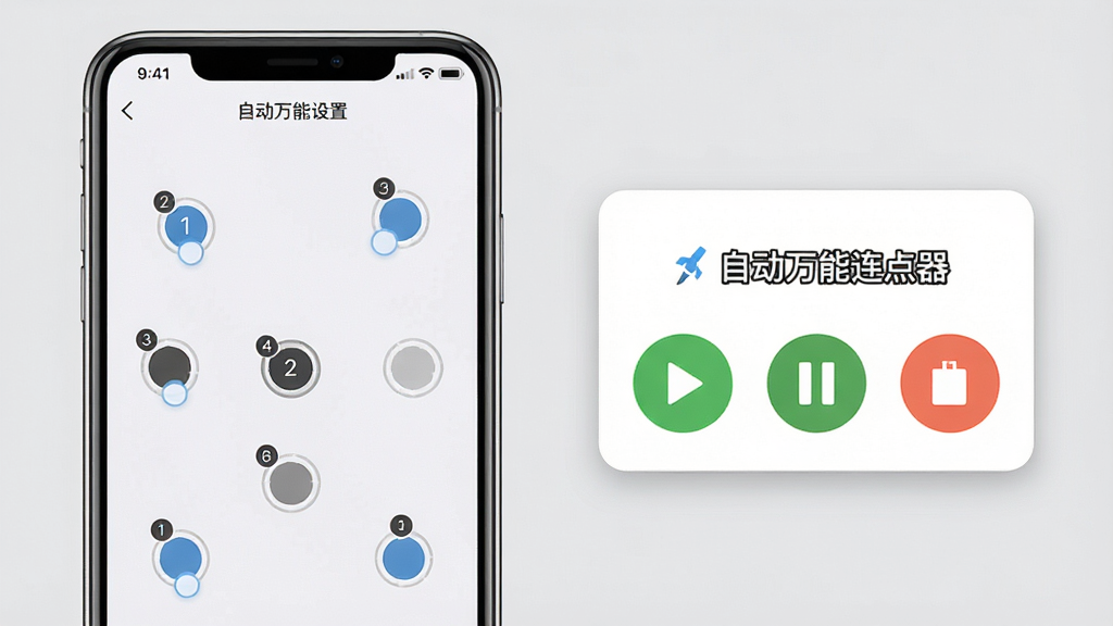 一张展示“自动万能连点器”功能演示的图片,画面左侧为手机屏幕显示多点连击设置界面,有多个带编号的点击圆点分布在屏幕不同位置,右侧为悬浮窗控制面板,面板上有播放、暂停、停止按钮,背景为浅灰色,风格简洁明快,细节清晰,画质干净