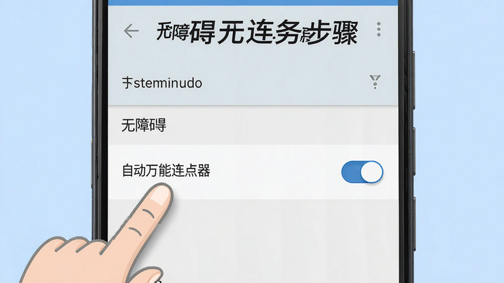 一张展示安卓手机“自动万能连点器”无障碍服务开启步骤的示意图,画面中手机屏幕显示系统设置中的无障碍菜单,手指图标指向“自动万能连点器”选项旁的开关按钮,背景为浅蓝色,风格简洁直观,细节清晰,画质干净
