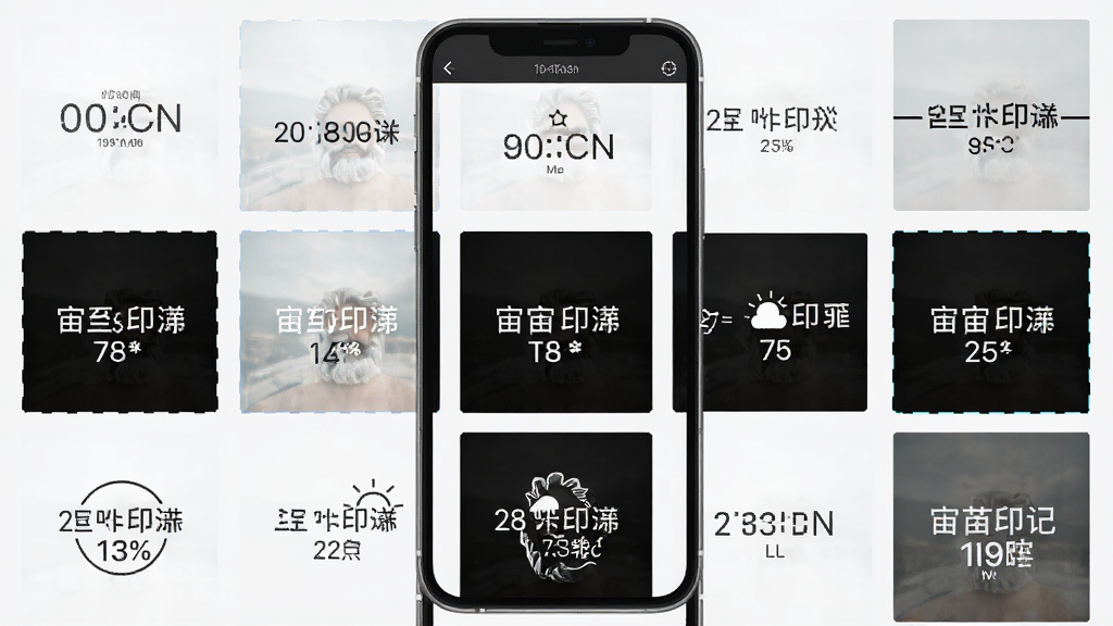 宙斯印记相机水印模板选择界面,主体为手机屏幕展示多款水印样式缩略图,布局为网格排列,排版整齐有序,风格为清新简约,细节包括时间、地点、天气等不同水印样式的预览效果,画质高清,干净,无多余元素