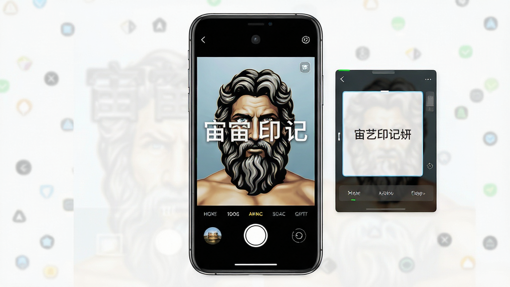 宙斯印记相机应用界面展示,主体为一部智能手机,屏幕上显示相机取景框和水印编辑面板,布局为居中构图,排版简洁清晰,风格为现代科技感,细节包括水印文字叠加效果和底部功能按钮,画质高清,干净,无多余元素
