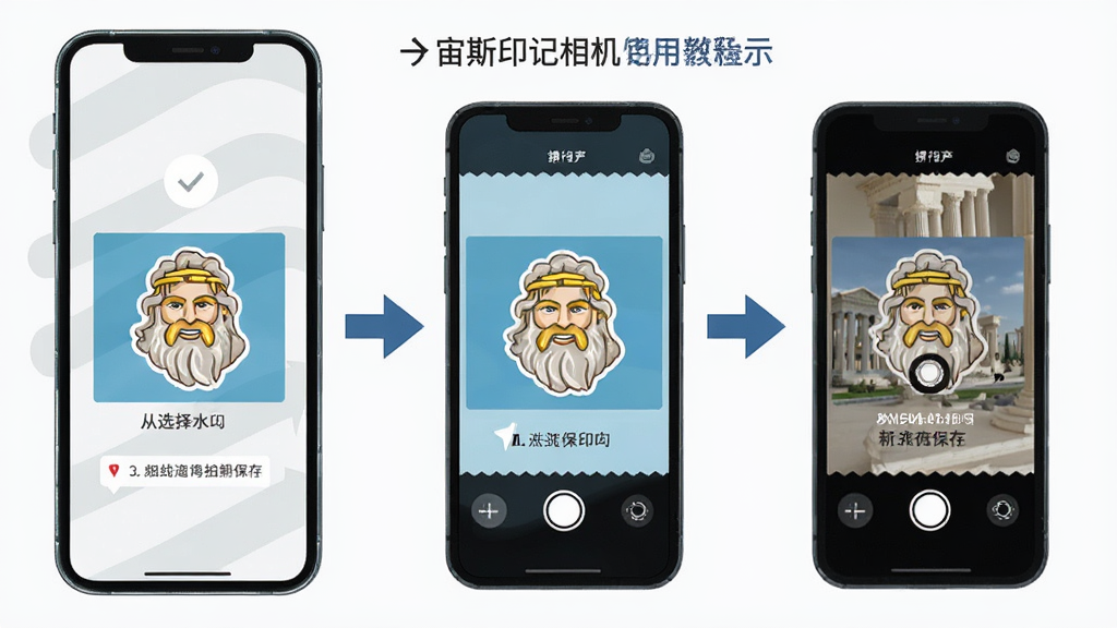 宙斯印记相机使用教程示意图,主体为手机屏幕展示从选择水印到拍摄保存的完整流程,布局为分步骤图示,排版清晰明了,风格为扁平化教程风,细节包括箭头指引和操作要点标注,画质高清,干净,无多余元素