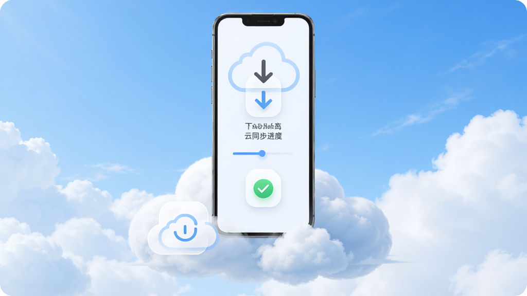笃读离线缓存与云同步示意图,手机屏幕显示下载进度与云朵同步图标,布局为手机悬浮于云端之上,背景为蓝天白云,风格轻盈简约,细节包括下载箭头、同步对勾,排版突出功能图标,画质高清,干净,无多余元素