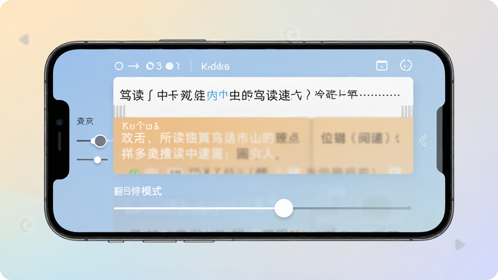 笃读阅读设置界面,手机屏幕显示字体、背景、翻页模式调节滑块,布局为手机侧面展示,背景为柔和的渐变色,风格清新舒适,细节包括调节图标、预览文字,排版直观,画质高清,干净,无多余元素