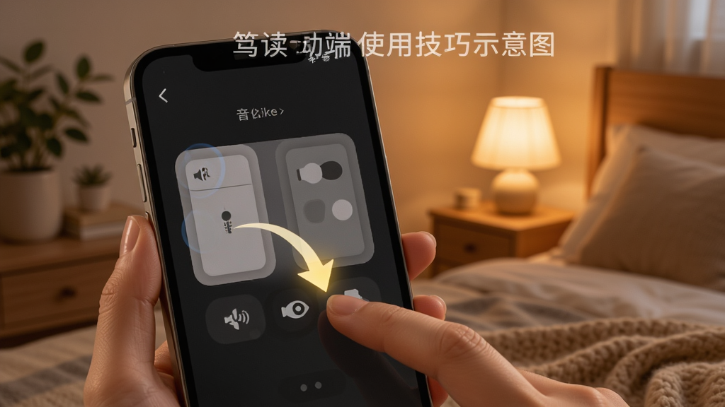 笃读移动端使用技巧示意图,手机屏幕显示音量键翻页与护眼模式开关,布局为手机特写,背景为舒适的卧室阅读角,风格温馨生活化,细节包括手指操作手机、护眼图标亮起,排版突出操作手势,画质高清,干净,无多余元素