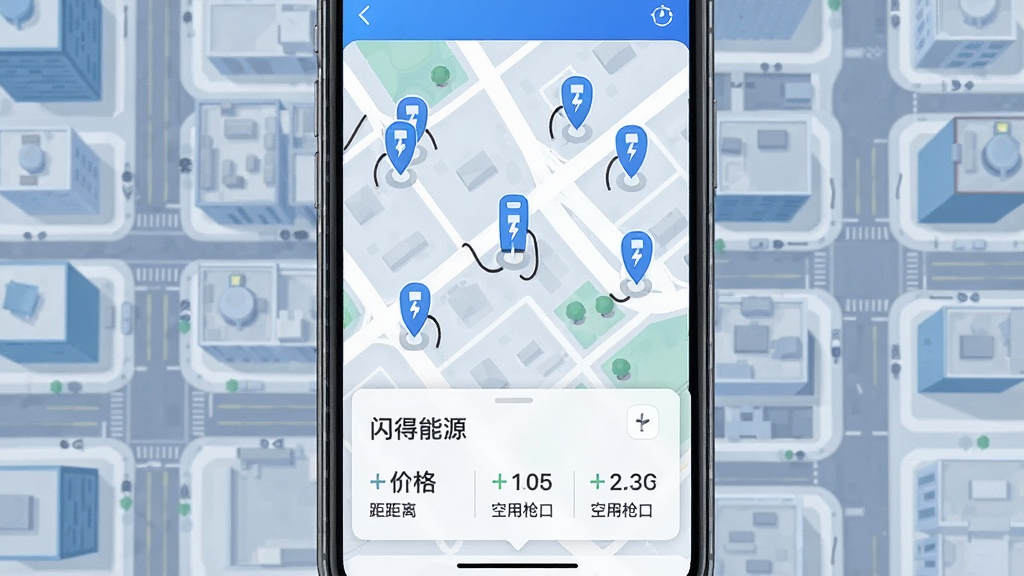 手机屏幕显示地图界面,地图上分布多个充电站标记点,屏幕下方弹出充电站信息卡片,卡片上写有