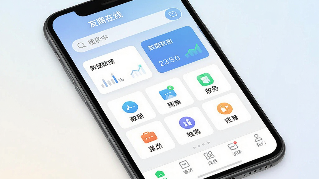 一张手机屏幕正面展示“友商在线”应用主界面,界面布局为顶部搜索栏与数据卡片,中部为功能图标网格,底部为导航栏,背景为浅色渐变,风格简洁商务,细节清晰,画质干净无多余元素