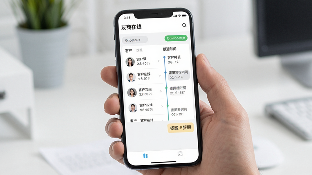 手机屏幕展示“友商在线”客户管理页面,包含客户列表、跟进时间线与提醒标签,界面风格清爽,布局规整,画质干净