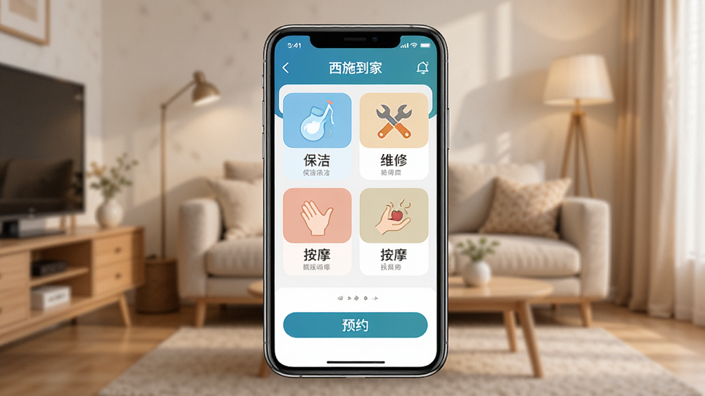 一张展示西施到家APP核心界面的手机预览图,画面中央是手机屏幕,屏幕内显示西施到家APP首页,包含保洁、维修、按摩等服务分类图标和预约按钮,背景为温馨的家居环境,风格简洁现代,细节清晰,画质干净,无多余元素
