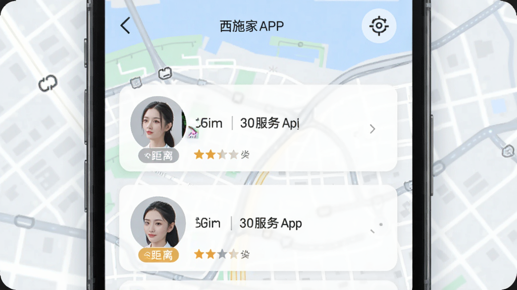 一张展示西施到家APP智能匹配功能的界面截图,画面主体为手机屏幕,屏幕内显示地图和附近服务人员头像列表,带有距离和评分标签,背景为浅色城市地图,风格科技感十足,细节清晰,画质干净,无多余元素